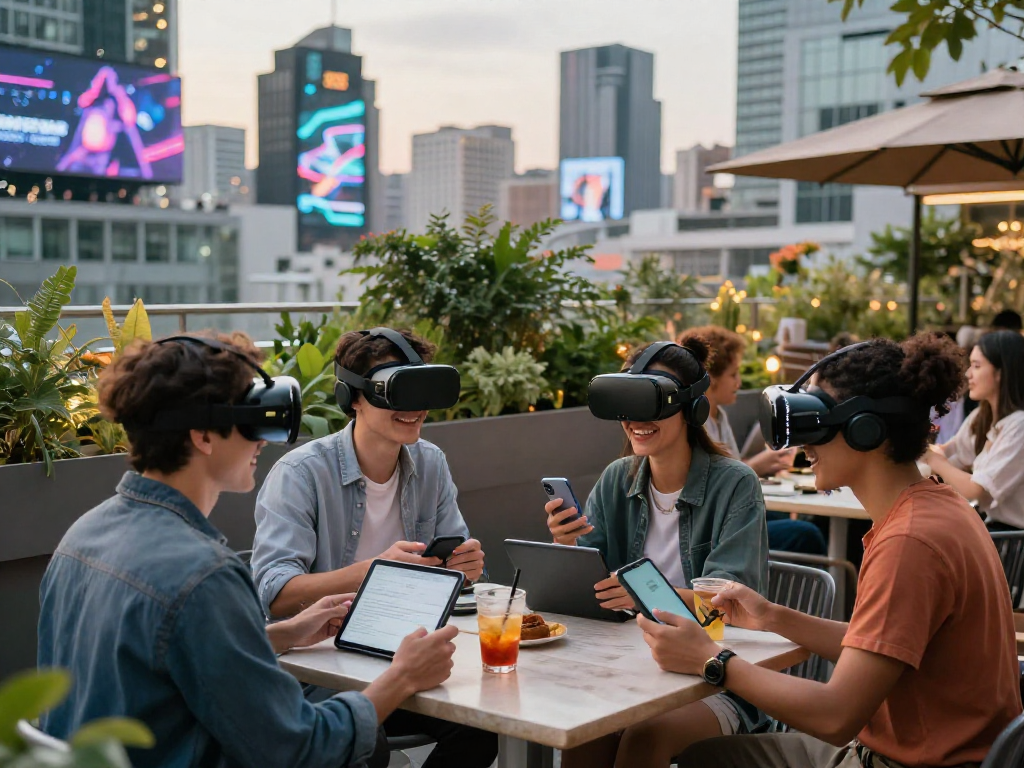 A lively urban café scene featuring young adults using AI technology, highlighting the future of social interaction and lifestyle choices.
