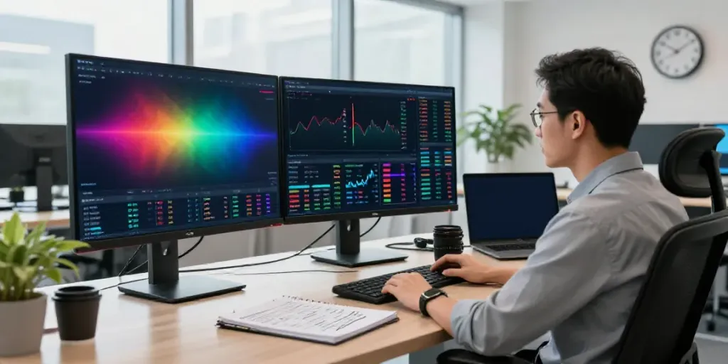 Traders analyzing data on screens showing tradingview官网 in a vibrant office.