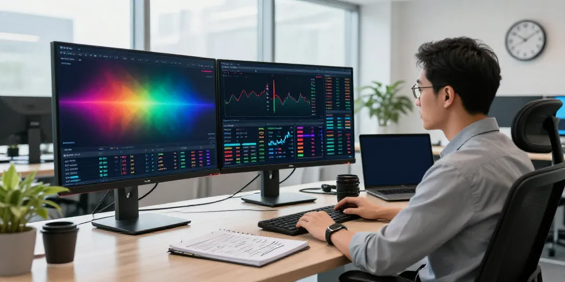 Traders analyzing data on screens showing tradingview官网 in a vibrant office.