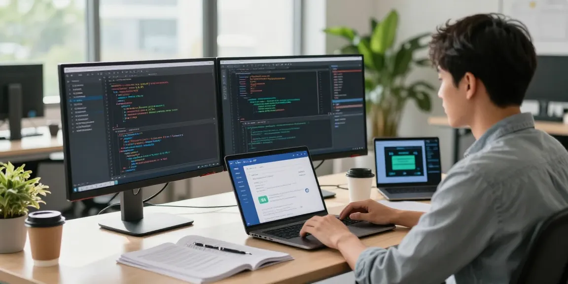 快连 app coding setup in a modern office with dual monitors and coffee