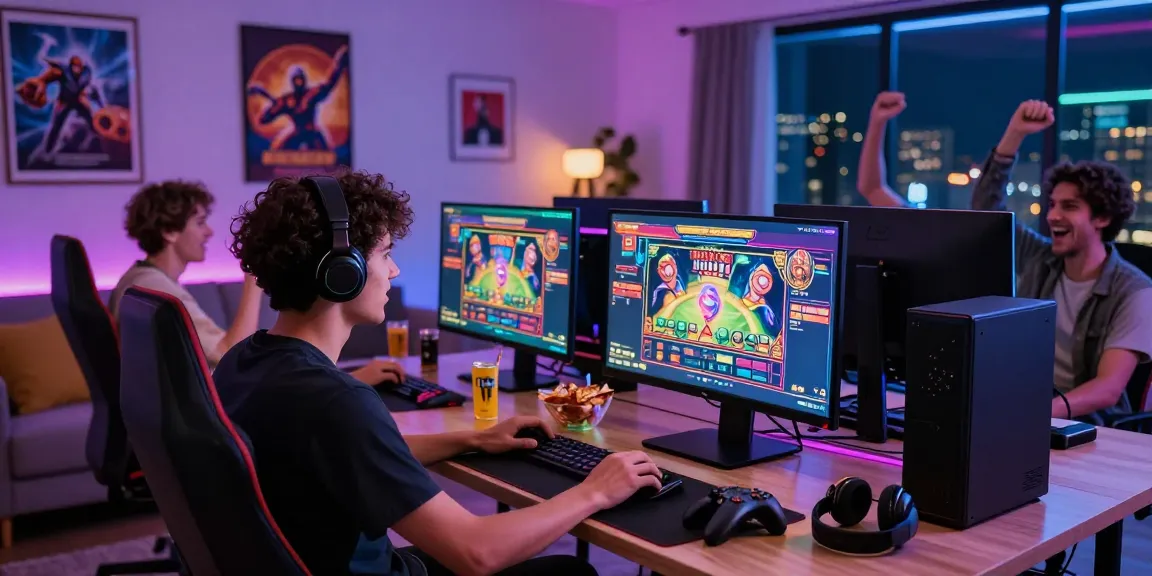 Engaging gaming experience at home with raja328 slot game on screen and friends cheering
