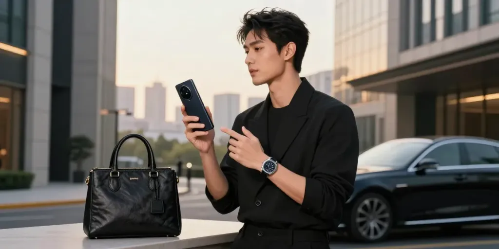 Stylish individual symbolizing elegance with ROKOK88 in urban luxury setting.