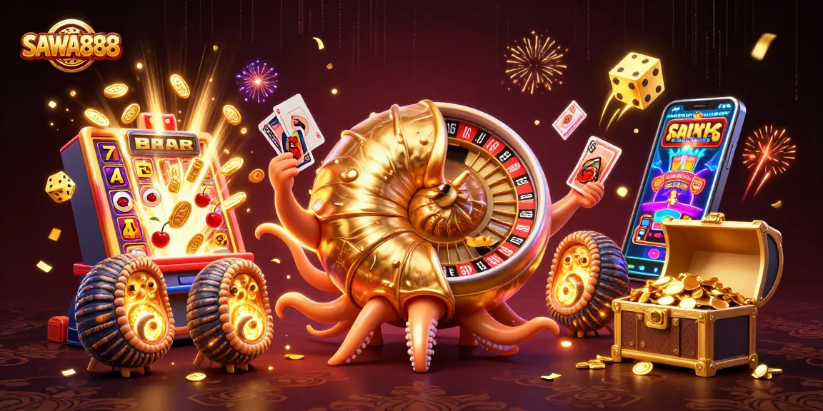 Experience thrilling online gaming with SAWA888 at a vibrant 3D casino scene showcasing stunning slot machines and roulette.