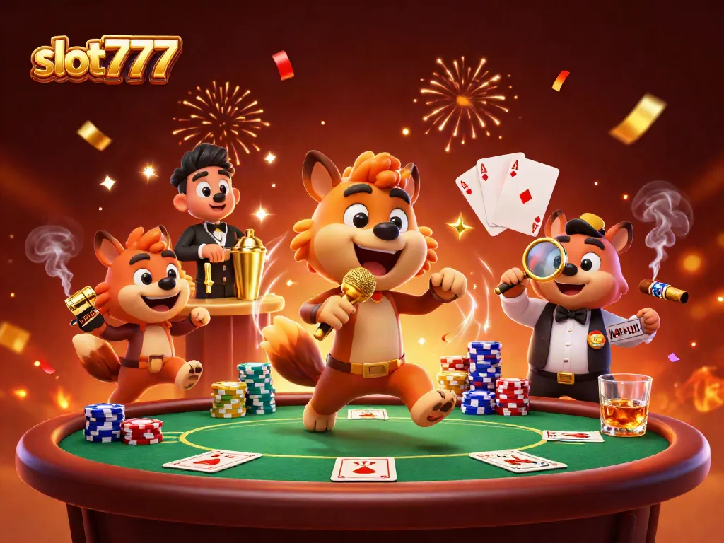 Bermain slot777 dengan hyena lucu di klub kasino, merayakan kemenangan bersama.