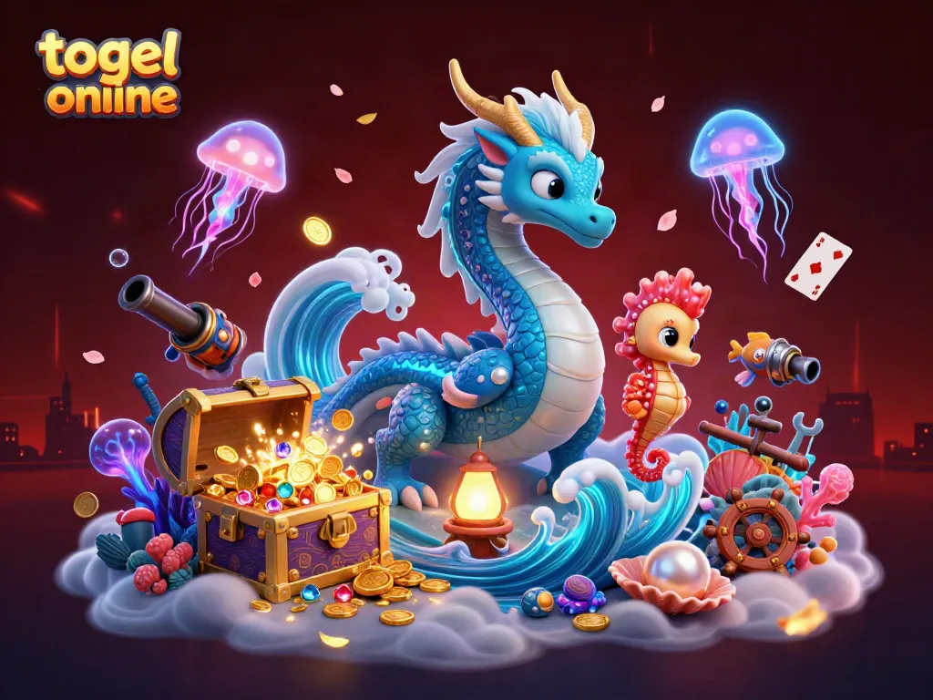 Engage in togel online with an enchanting scene of a water dragon, seahorse knight, and glowing jellyfish