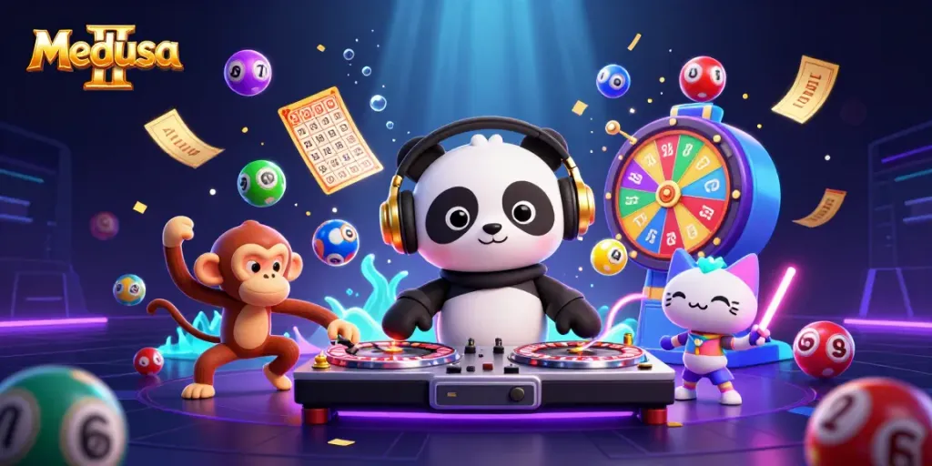 การเล่นเกม Medusa II พร้อมตัวการ์ตูน DJ เสือแพนด้าและลูกบอลหวยที่กระเด้งออกมาด้วยความมันส์