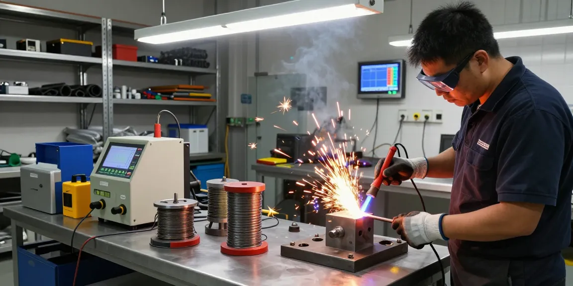 Technician using an induction heater in a modern workshop with advanced tools and safety gear
