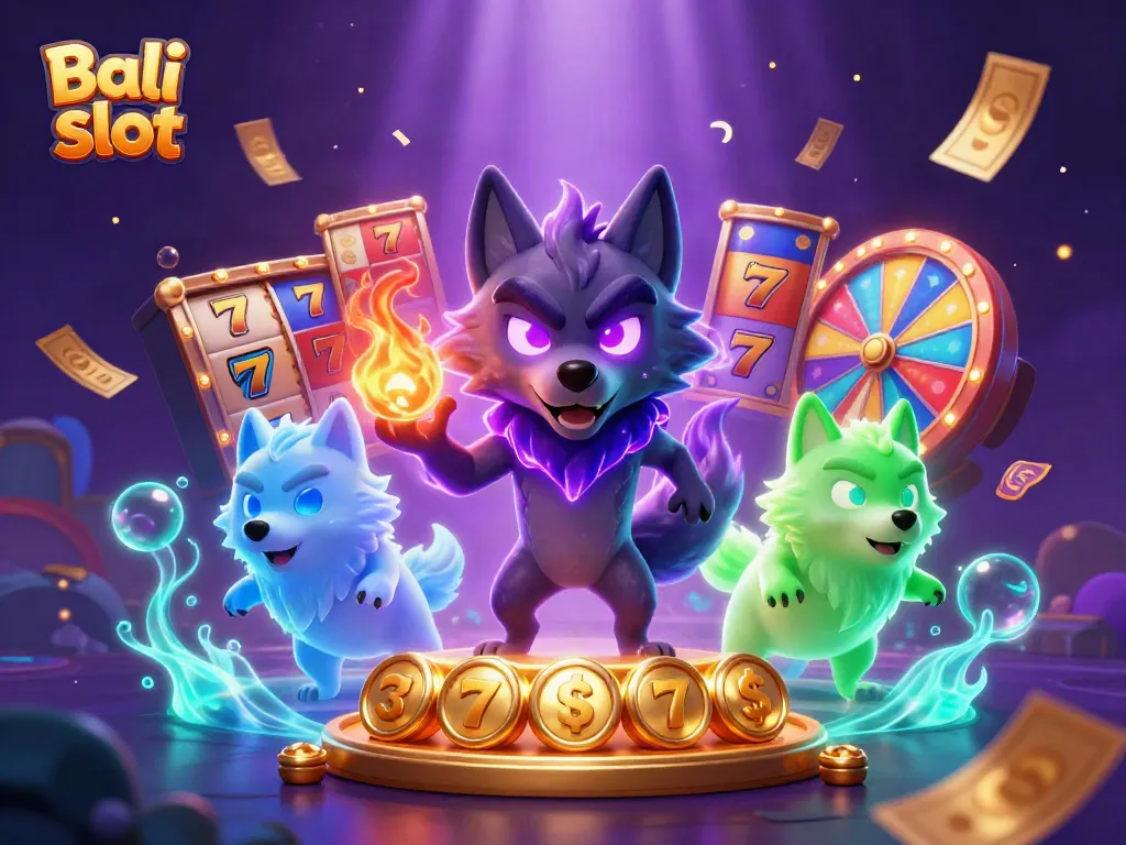 Bali slot game illustration featuring vibrant slot reels and winning symbols, immersive 3D art.