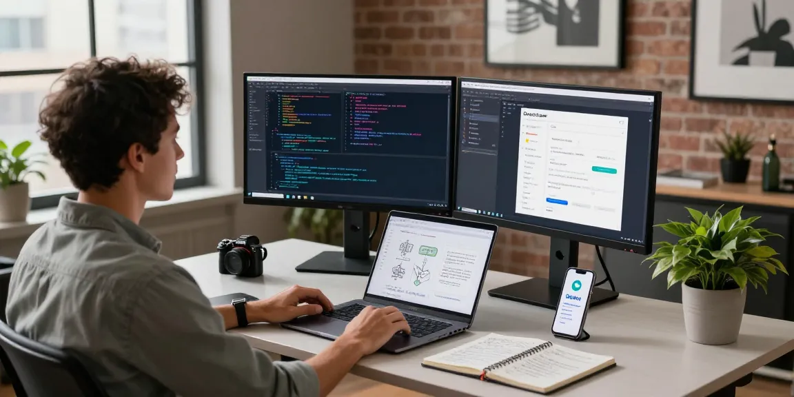 Developer using OpenClaw on dual monitors in a modern tech workspace.