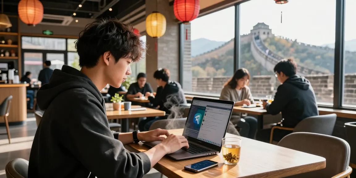 Using Telegram in China tips with a digital nomad at a café in Beijing, featuring VPN and Great Wall view.