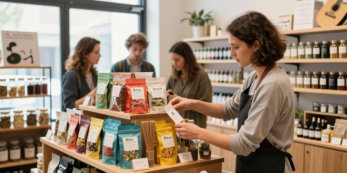 Shopkeeper arranging blaze-potent-potpourri-k2-paper-shop products in a bright herbal shop.