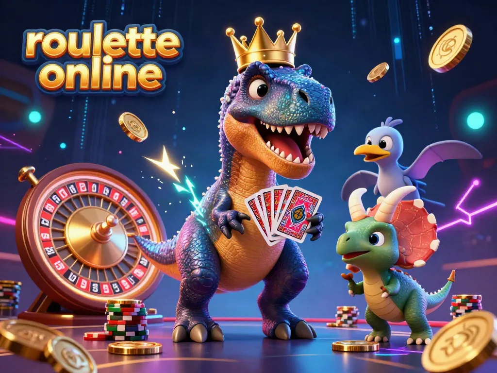 Engage in thrilling roullete online gameplay with animated characters around a vibrant casino scene.