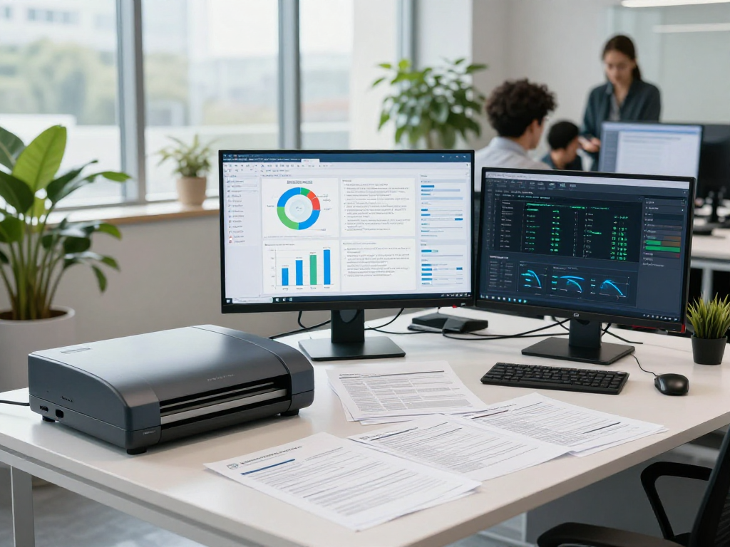 AI-driven document fraud detection in a modern workspace with data analytics displays and collaborative atmosphere.