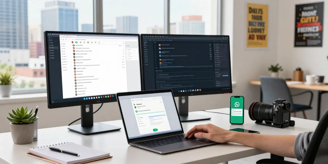 Professional workspace showcasing WhatsApp網頁版 on a laptop with natural light and modern office decor.