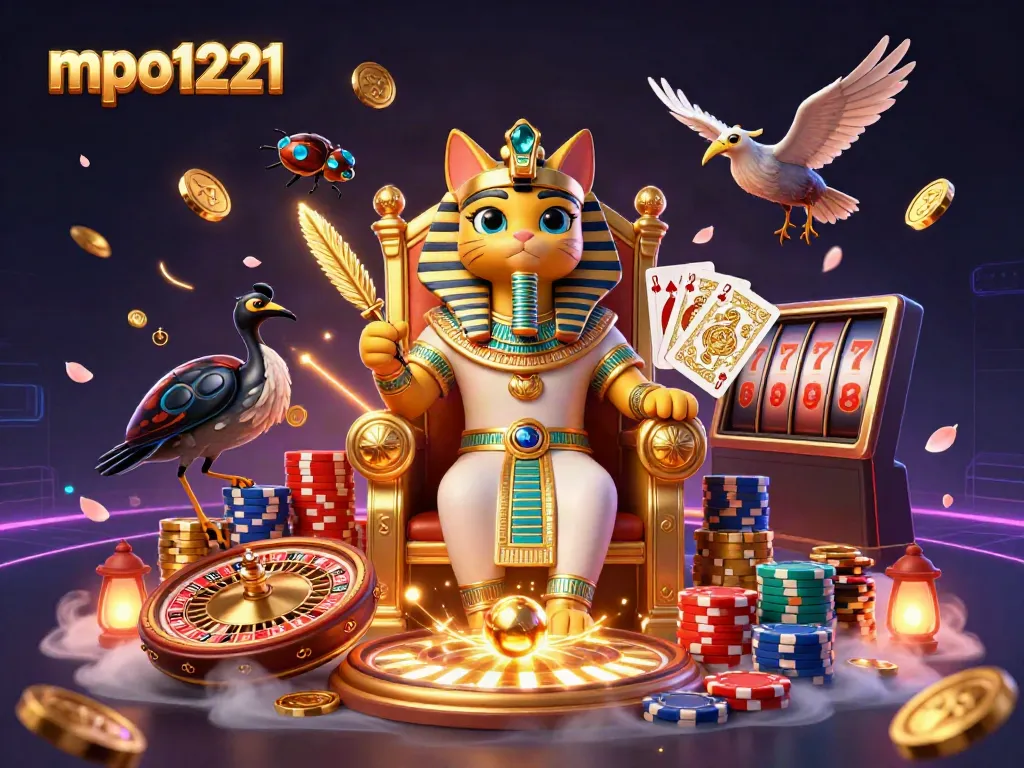 Experience the excitement of mpo1221 with a vibrant 3D casino scene featuring a pharaoh cat and stacked poker chips.