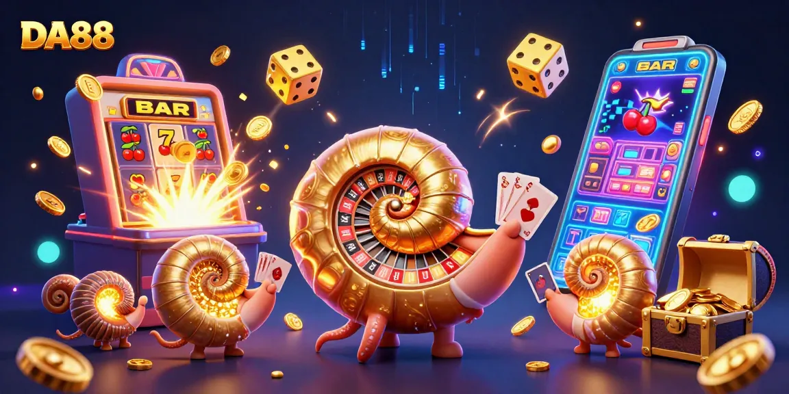 Experience the thrilling DA88 casino adventure with vibrant slot machines and glowing nautilus characters.