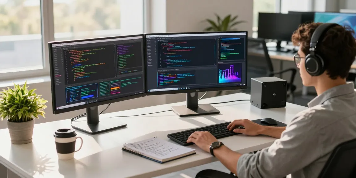 Developer in a tech workspace using openclaw skill, surrounded by monitors and coding tools.