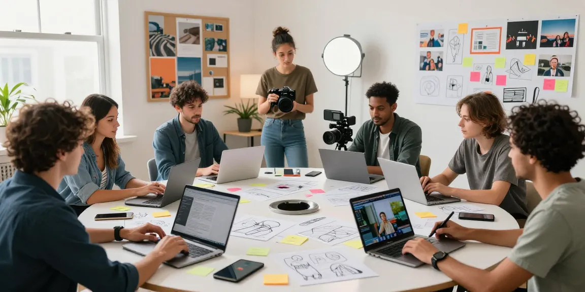 Team collaborating in a creative studio, showcasing video to prompt technology for content generation.
