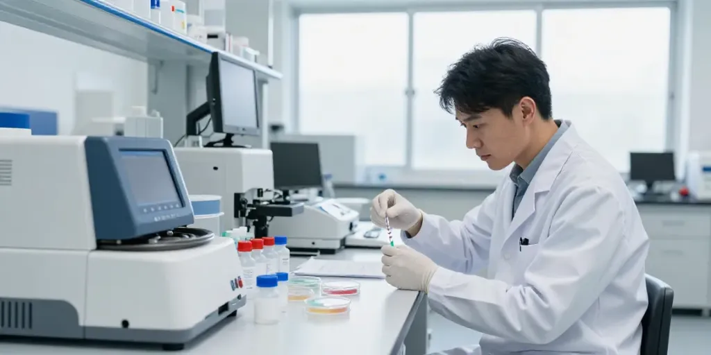 Scientist analyzing peptide samples in a modern lab setting, reflecting swiss chem labs' commitment to quality.