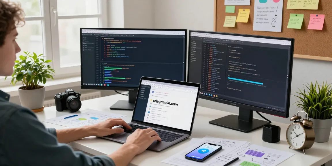 Explore telegraimin.com in a modern tech workspace filled with vibrant ideas, coding screens, and messaging innovation.
