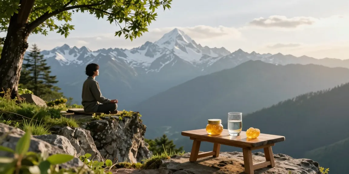 Person meditating in the Himalayas with Himalayan shilajit resin on display, promoting wellness and natural healing.