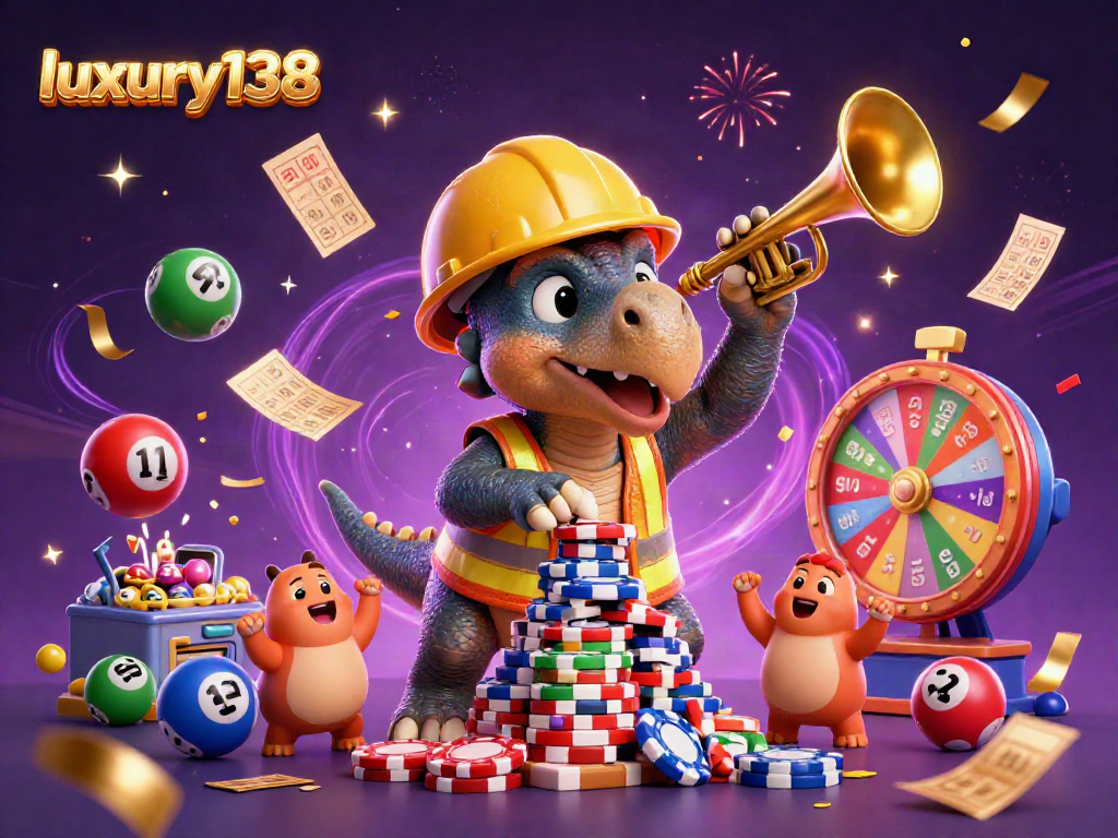 luxury138 menampilkan t-rex membangun tumpukan chip poker dengan keceriaan, dikelilingi bola lotere berwarna-warni