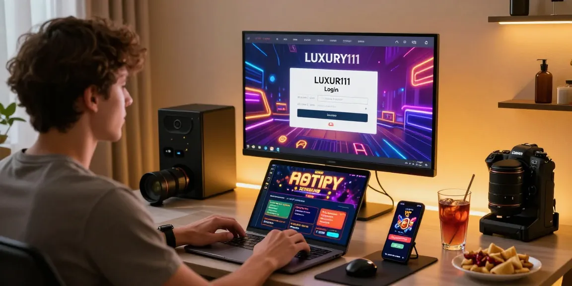 Proses LUXURY111 Login di rumah, pengguna dengan monitor dan smartphone, suasana gaming yang nyaman.