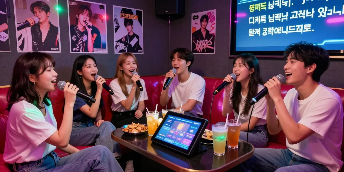 Group of friends enjoying a fun night at 강남노래방 karaoke, singing and celebrating together.