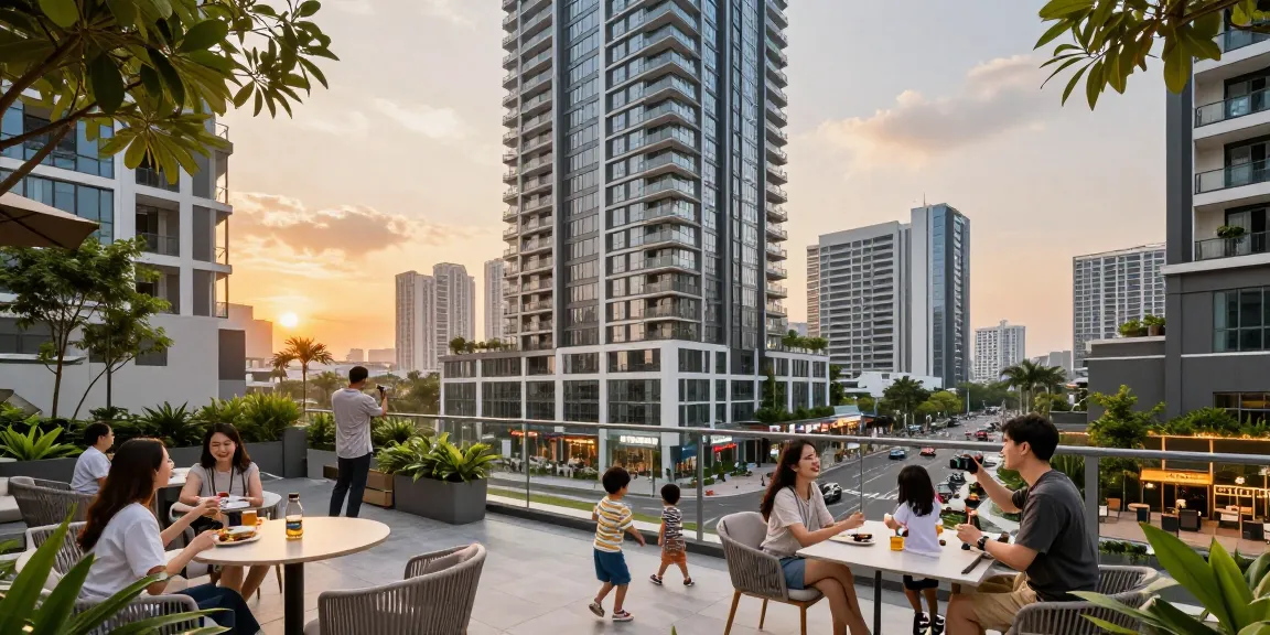 Tanjong Rhu Residences showcasing luxury living with family enjoying sunset views from a high-rise balcony.