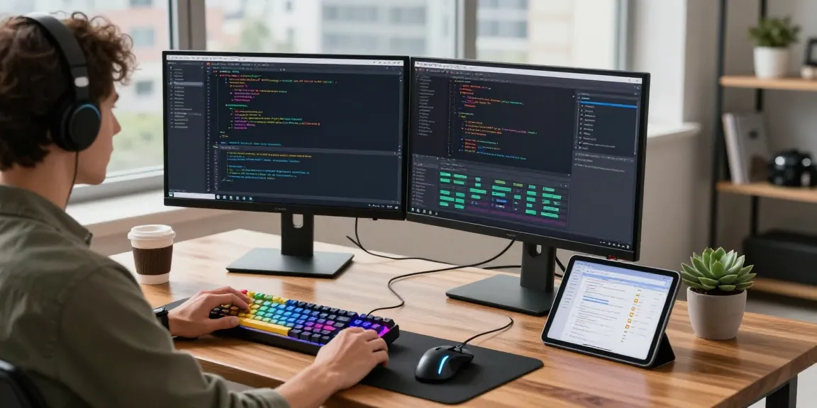 Software developer focusing on dual monitors showcasing code in a modern workspace, raja328 reflects a dynamic tech environment.