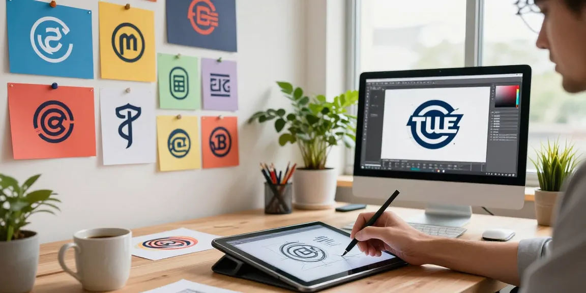 Projektowanie logo w kreatywnej pracowni, projektant rysujący koncepcje na tablecie, kolorowy moodboard w tle.
