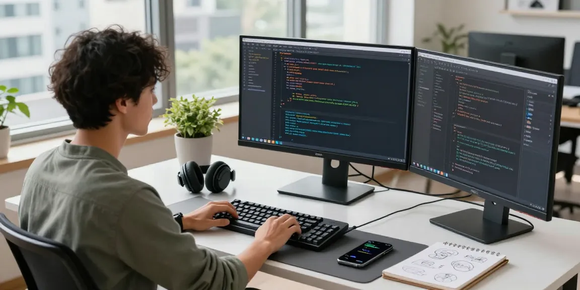 Developer coding in a modern workspace with a focus on 纸飞机中文版.