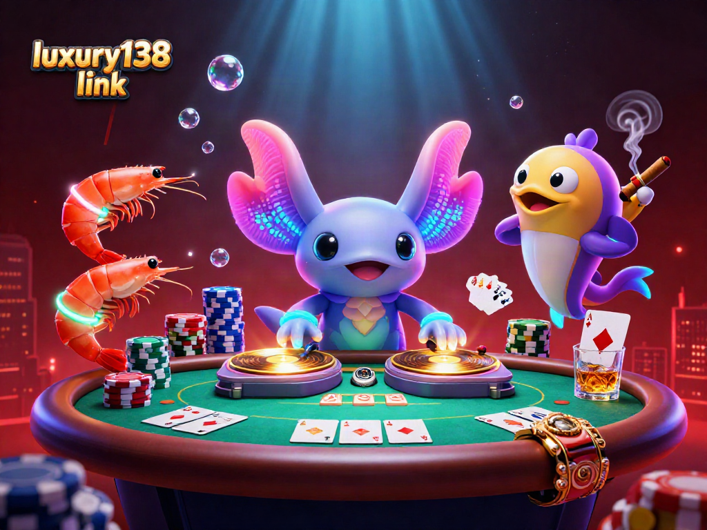 Berpartisipasi dalam suasana kasino yang menarik dengan luxury138 link, DJ axolotl neon memutar musik sambil dikelilingi oleh simbol-simbol permainan.