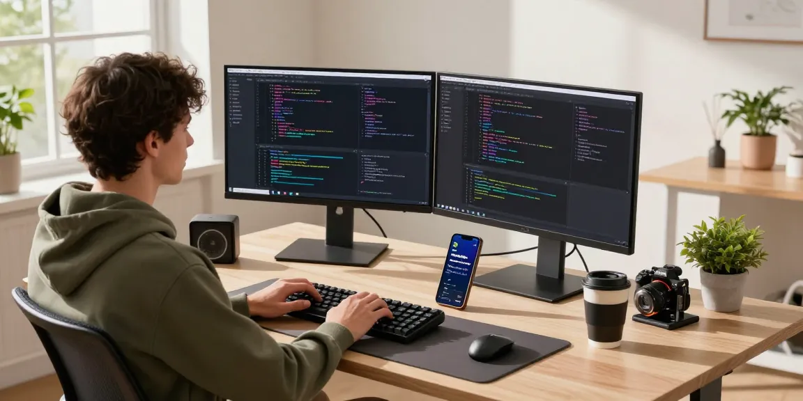 快连 - Developer optimizing network software in a modern workspace with dual monitors and natural light.