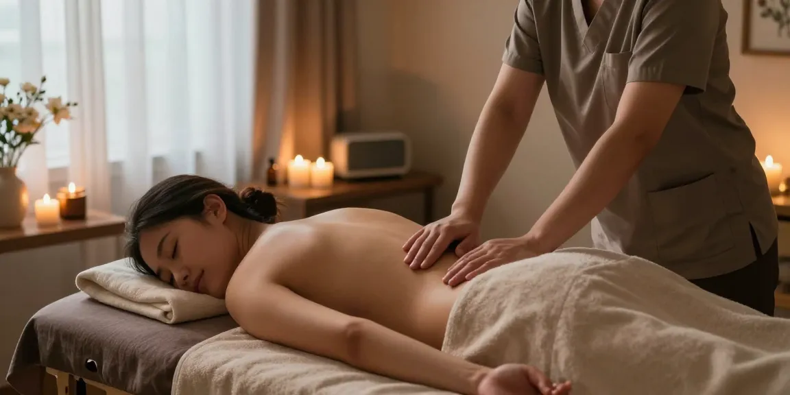 Serene home massage environment showcasing 성남출장안마 services, with a therapist providing relaxation techniques in a warm, inviting atmosphere.