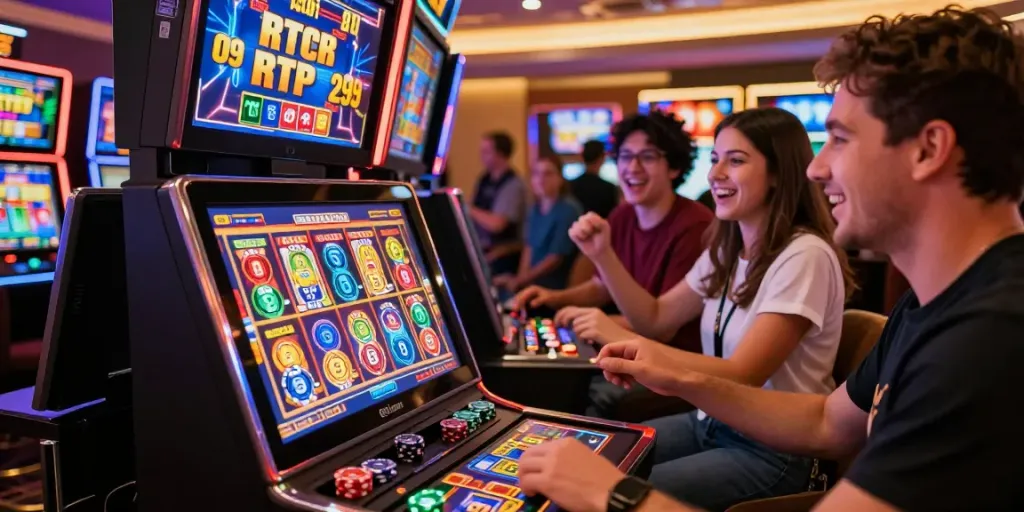 Slot server thailand yang menarik dengan pemain merayakan kemenangan jackpot di kasino modern.