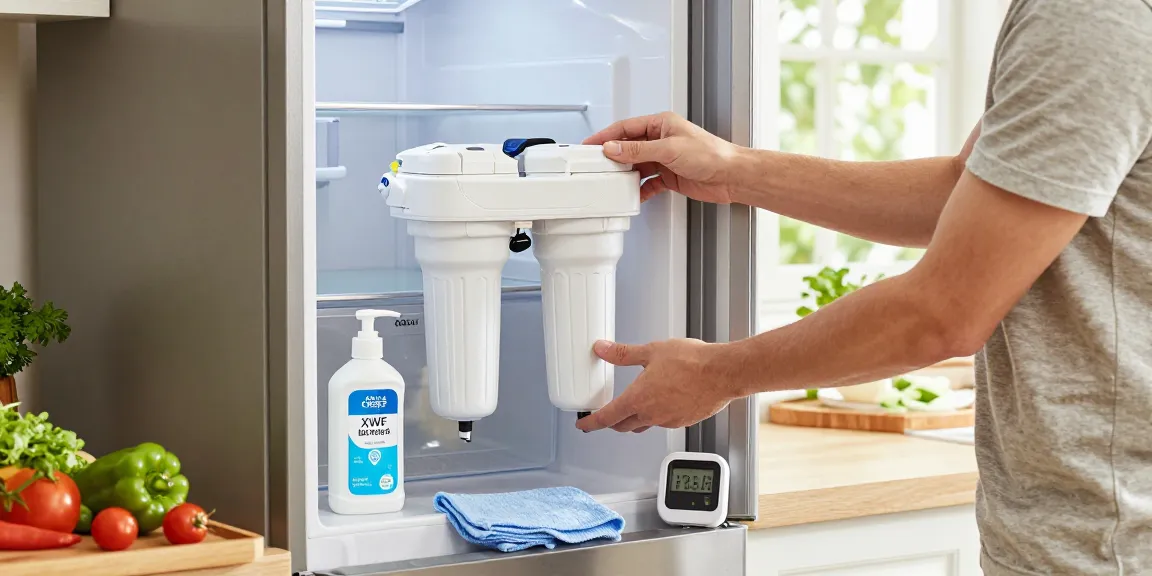AQUA CREST XWF Refrigerator Water Filter installation in home kitchen, showing the replacement process with fresh herbs and cleaning tools.