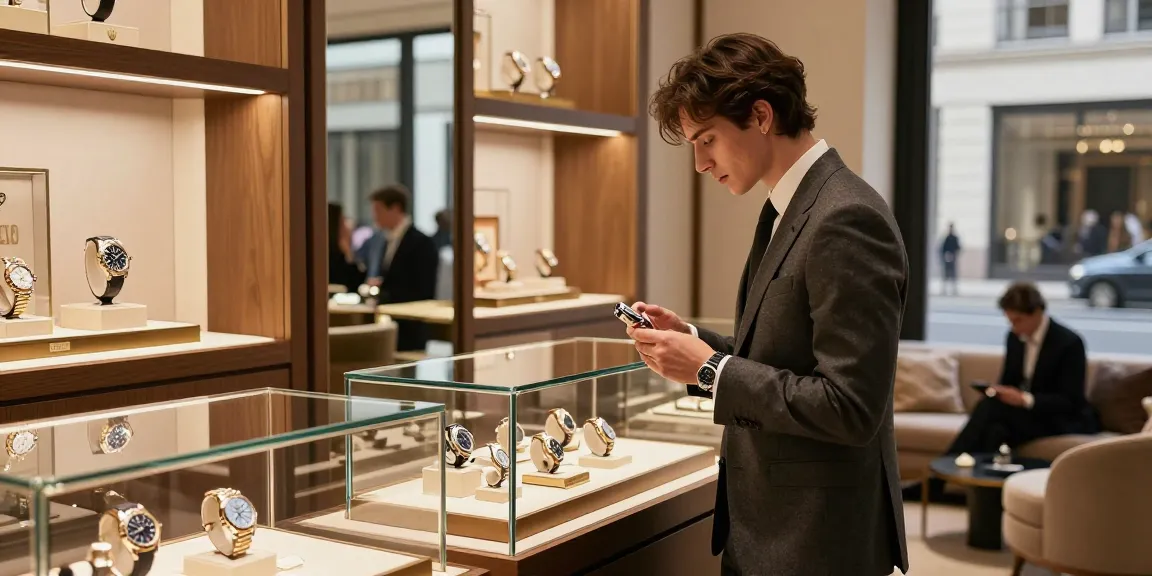 Admiring top clone watches in a chic boutique setting.