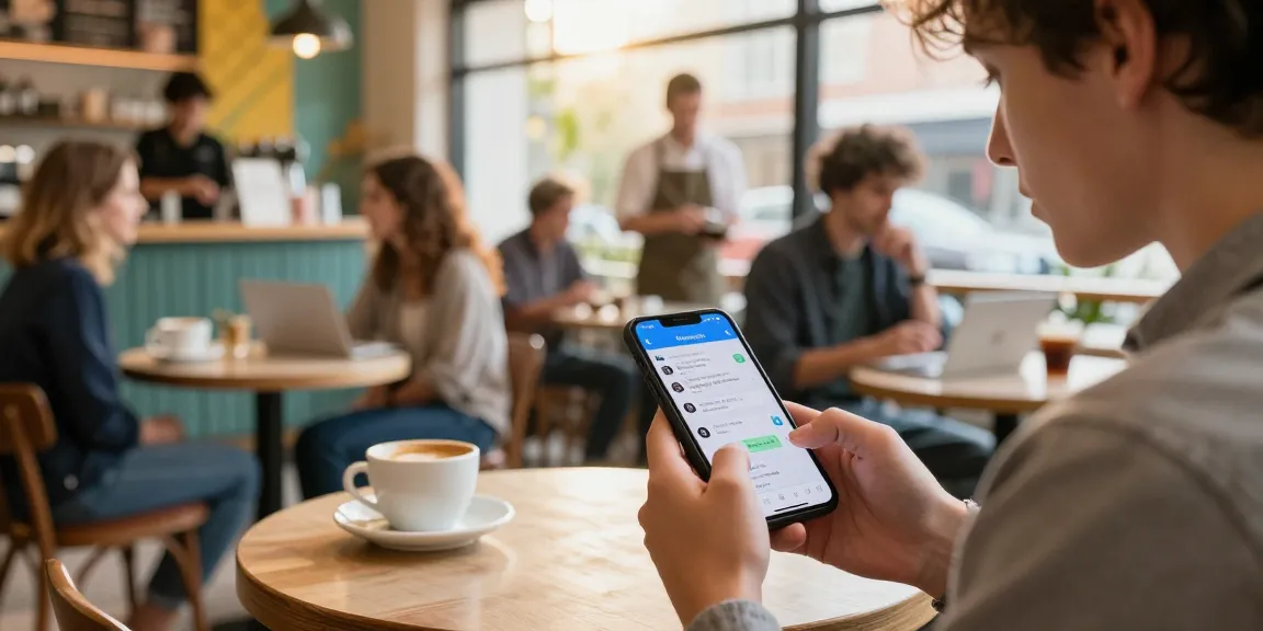 Young individual using Telegram at a café, showcasing telegram china tips for effective communication.