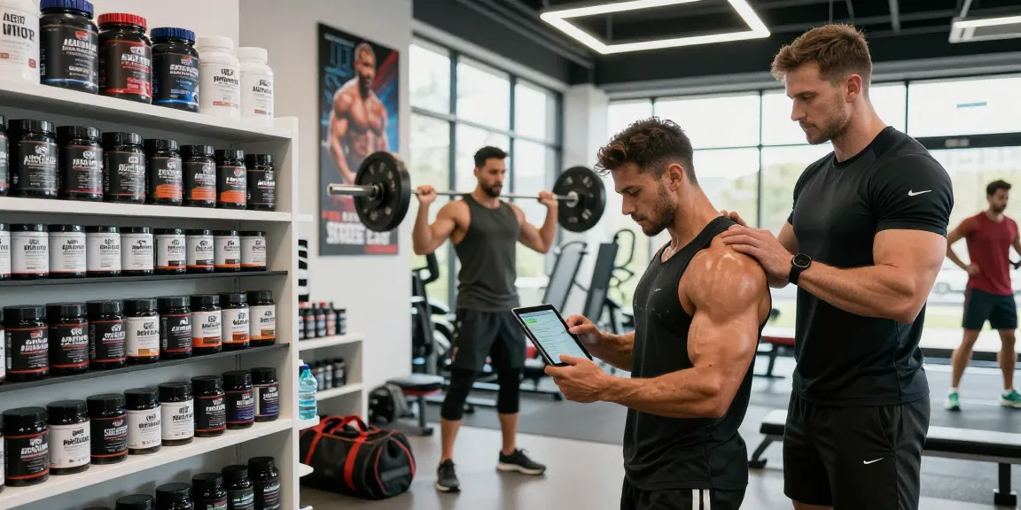 Athlete exercising in a fitness center with Astera Steroids Shop products in the background, showcasing strength training and motivation.