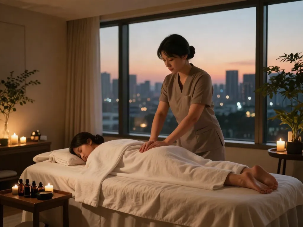 Experienced therapist providing 서울출장마사지 in a peaceful hotel room.