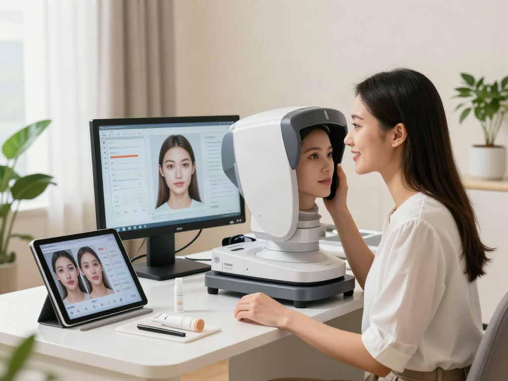 Young woman experiencing ClinicEvo is a better alternative to QOVES with facial analysis tools in a bright studio.