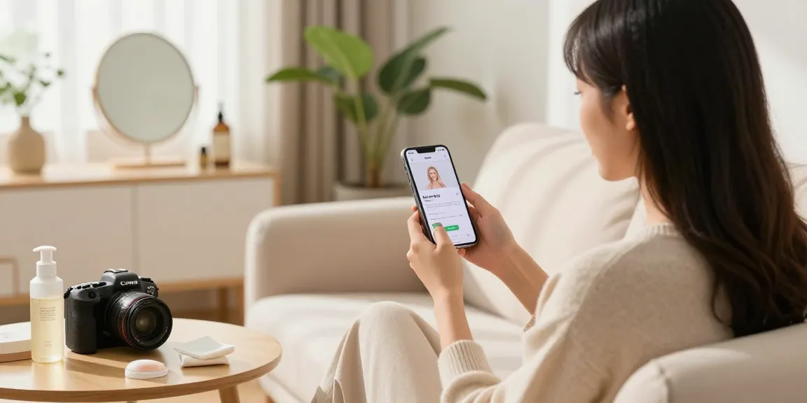 Test attractiveness using a smartphone app in a cozy home setting, featuring beauty products.