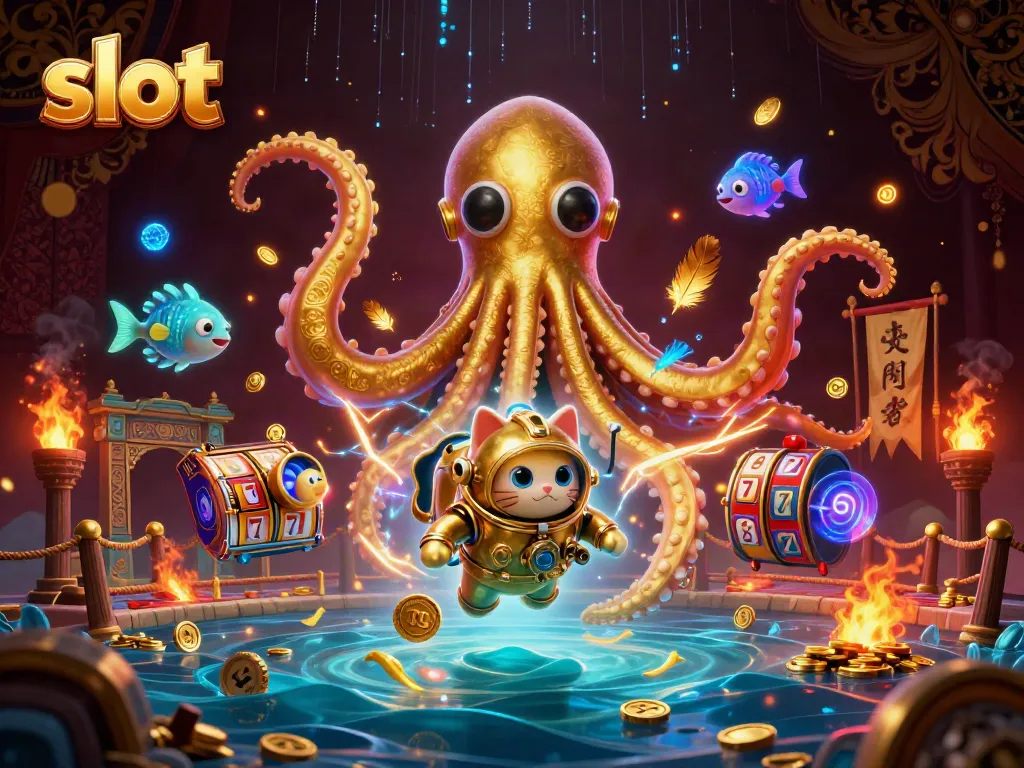 Spin slot reels with a colossal kraken and a diving cat amid treasure and vibrant casino elements.