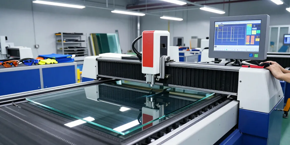 CNC glass cutting machine in action with technician ensuring precision and safety in a modern workshop.