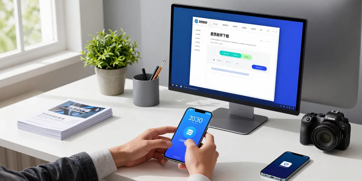爱思助手下载界面展示，用户连接iPhone的现代办公场景，突显高效数据传输。