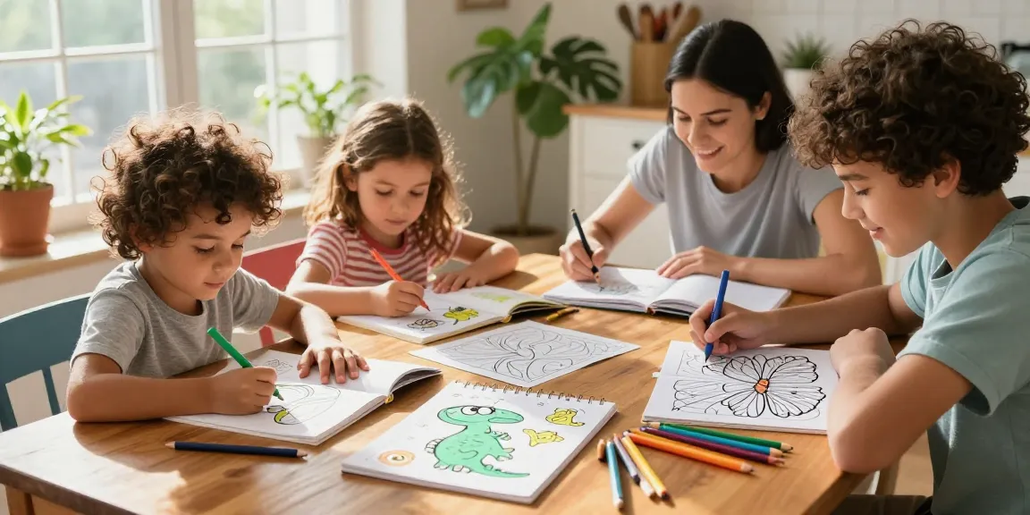 Coloring Books bringing family together, children coloring illustrations with crayons at a wooden table.