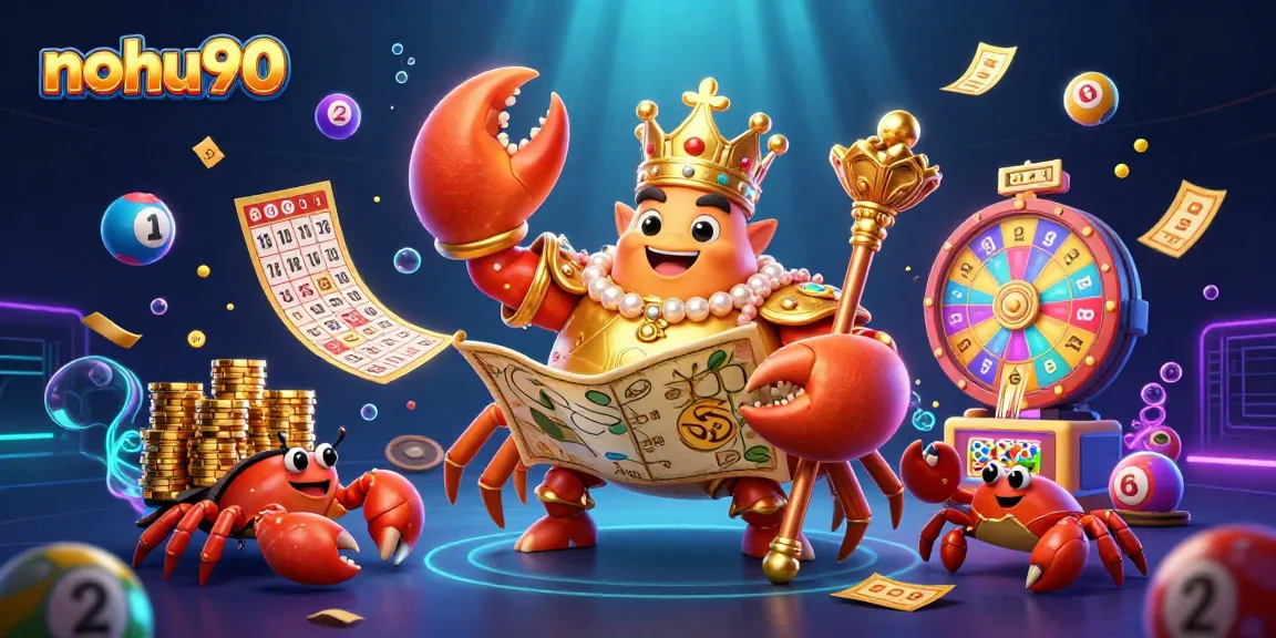 Nohu90 offers a vibrant casino experience with colorful lottery elements and a majestic crab emperor.