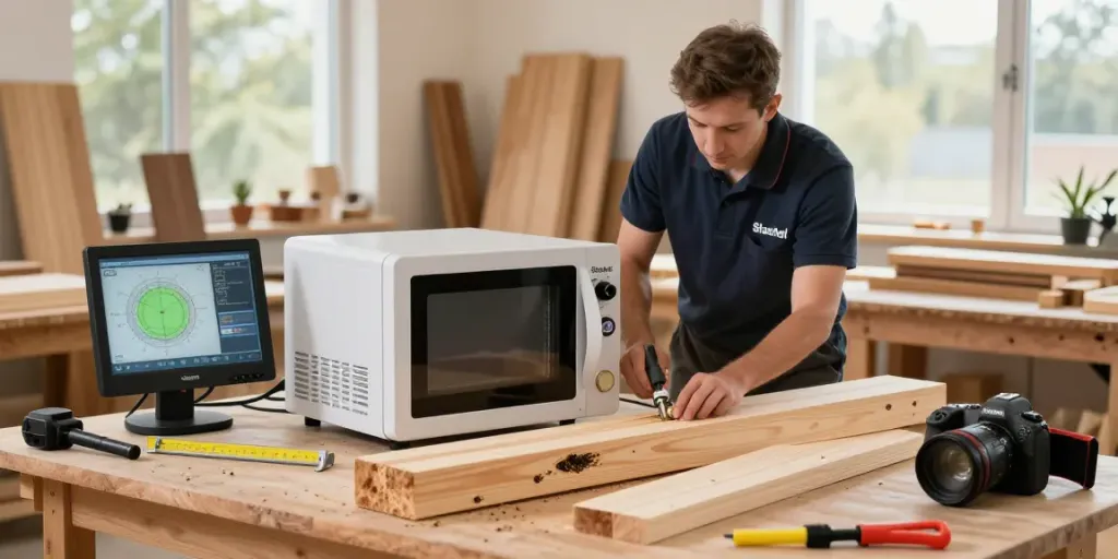 SHASHEL® microwave treatment in action for effective wood-boring insect elimination in a modern workshop.