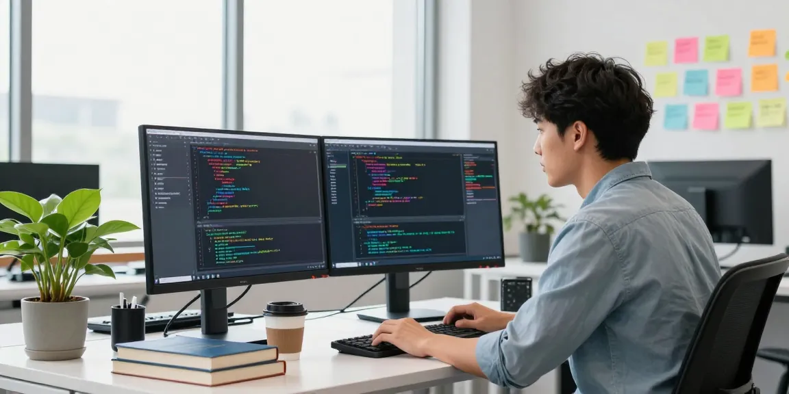 快连 showcased in a dynamic tech workspace with dual monitors coding, bright natural light, and a focused developer.
